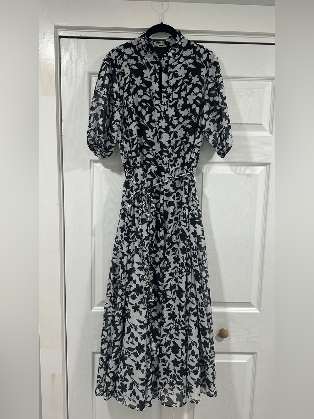 Elie Tahari Black and White Floral Maxi Dress with Tie Waist